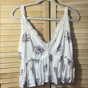 Floral Lace Trim White Top